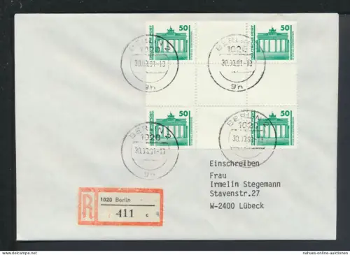 Bund DDR Zusammendruck Bauwerke R-Brief Berlin 1991 Lübeck Schleswig-Holstein