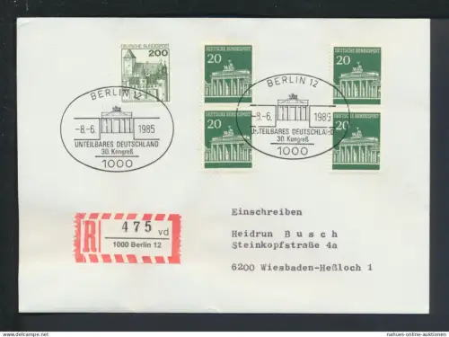 Bund R-Brief SST Brandenburger Tor Unteilbares Deutschland Berlin 1985 Wiesbaden
