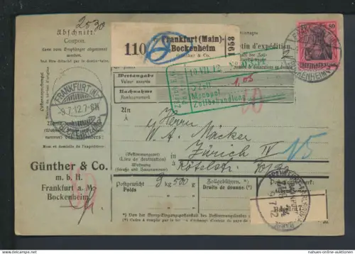 Bahnpost Frankfurt Karlsruhe Basel Zug 24 Deutsches Reich Paketkarte Frankfurt