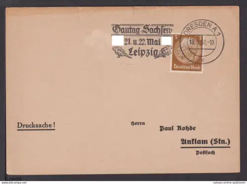 Deutsches Reich Brief selt. SST Gautag Sachsen Leipzig 1938 Dresden