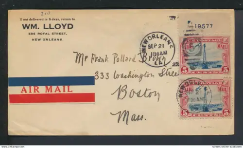Flugpost Brief Air Mail USA New Orleans Boston Oberrand Paar mit F + Nr. 19577