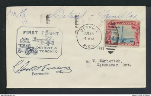Auto Oldtimer Flugpost Brief Air Mail Detroit USA Hamilton Kanada Erstflug 1928