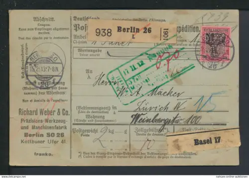 Perfin Privatlochung Germania Deutsches Reich Paketkarte Berlin 1913 Zürich