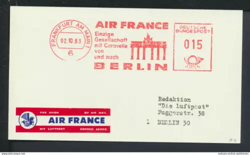 Bund Luftpost Karte AFS Freistempel AIR FRANCE Frankfurt Hessen 1963 Berlin