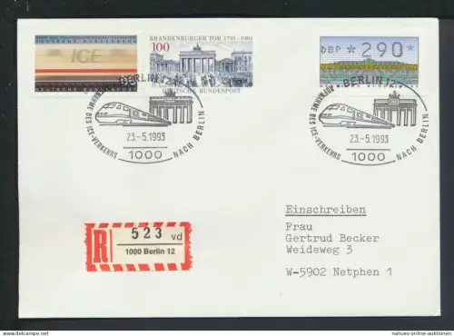 Bund R-Brief selt SST Aufnahme des ICE Verkehrs nach Berlin 1993 Berlin Netphen