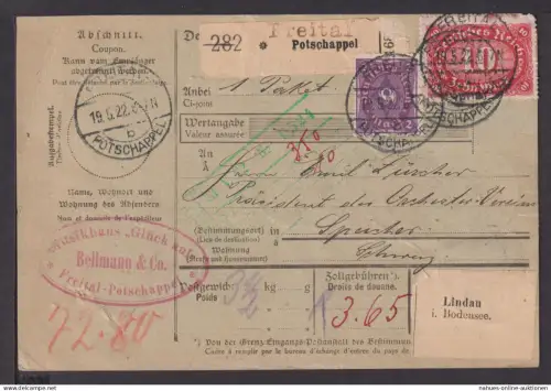 Deutsches Reich Auslands Infla Paketkarte Pottschappel Sachsen Speicher Schweiz