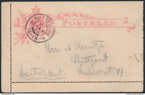 Niederlande Ganzsache Kartenbrief K 5 12 1/2 c. Wilhelmine Rotterdam Stuttgart