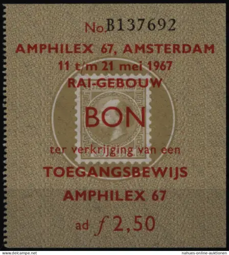 Philatelie Niederlande Ticket Eintrittskarte Amphilex Briefmarkenausstellung