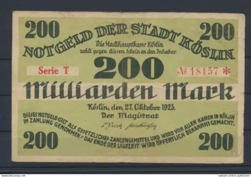 Köslin Pommern Kr. Köslin Koszalin Geldschein Banknote 200 Miliarden Milliarden