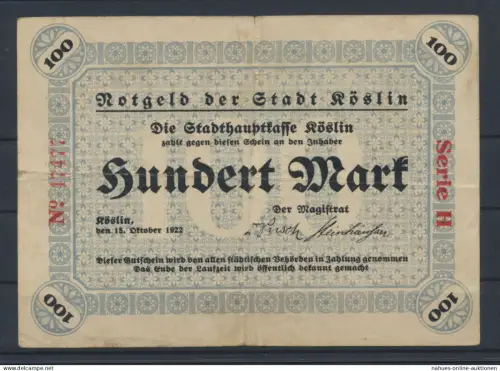 Köslin Pommern Kr. Köslin Koszalin Ostgebiete Geldschein Banknote 100 Mark II_III