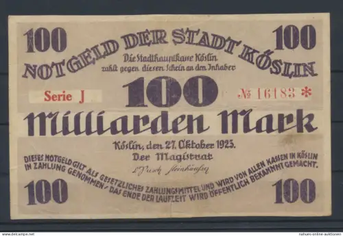 Köslin Pommern Kr. Köslin Koszalin Ostgebiete Geldschein Banknote 100 Milliarden