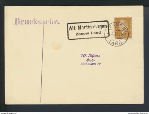 Deutsches Reich Altmartinshagen Zanow Pommern Ostgebiete Polen Landpoststempel