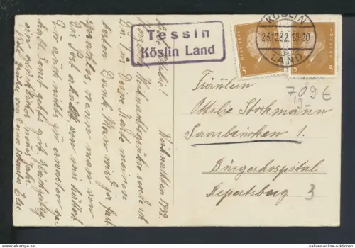 Deutsches Reich Tessin über Köslin Pommern Ostgebiete Polen Landpoststempel