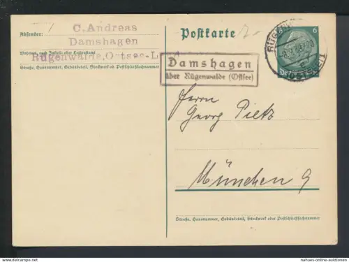 Deutsches Reich Damshagen Rügenwalde Pommern Ostgebiete Polen Landpoststempel