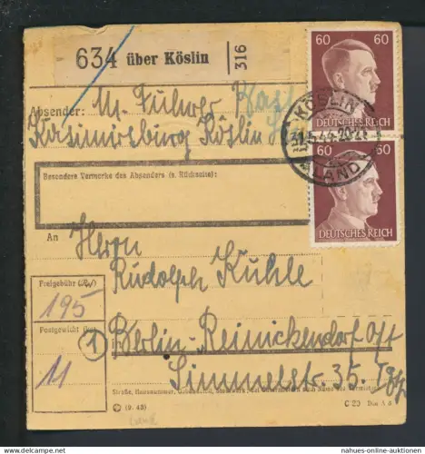 Deutsches Reich Paketkarte Köslin Pommern Ostgebiete Polen Landpoststempel