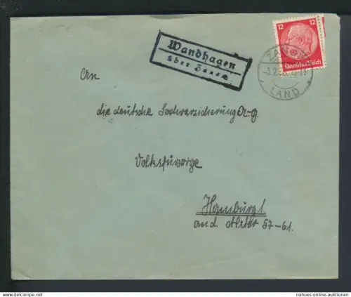Deutsches Reich Wandhagen über Zanow Pommern Ostgebiete Polen Landpoststempel