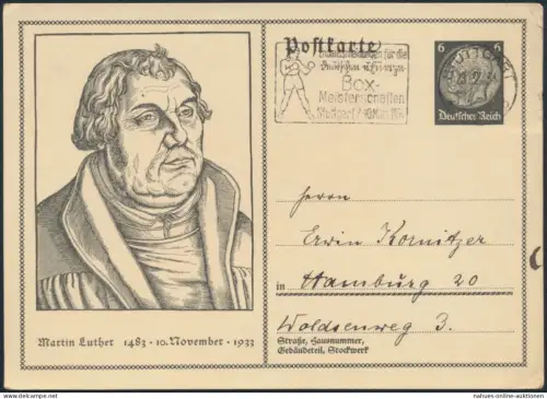 D. Reich Ganzsache P 224 SST Meisterschaft Boxen Stuttgart n. Hamburg 23.2.1934