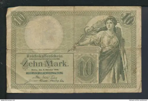 Kaiserreich Geldschein Banknote Reichskassenschein 10 Reichsmark 6.10.1906