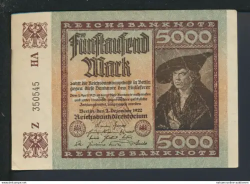 Geldschein Infla Reichsbanknote 5000 Mark 2.12.1922 Wasserzeichen Dornen I - (II)