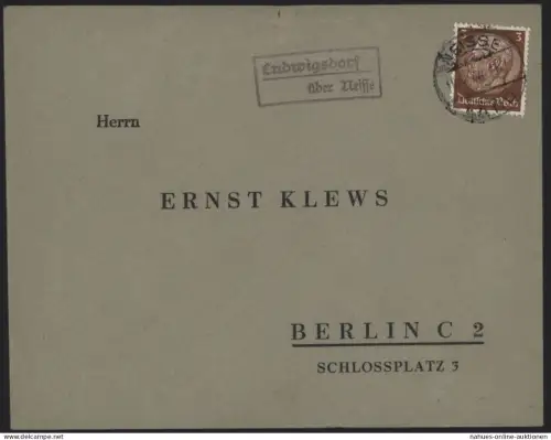 Deutsches Reich Brief Landpoststempel Ludwigsdorf ü. Neisse Nysa Schlesien Polen
