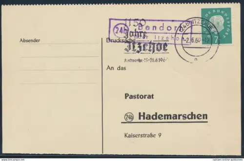 Bund Brief Postkarte 303 Heuss Landpost Bendorf nach Hademarschen via Itzehoe