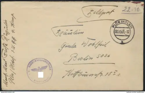 Reich Feldpost Plön n. Berlin vom Masch. Maat incl. zeitgenössischem Inhalt 1941