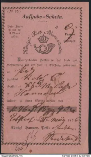 Altdeutschland Hannover Aufgabeschein hs Ebstorf Königl Post Administration 1856