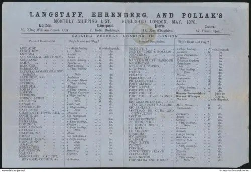 Großbritannien Brief EF 16 Pl.100 Schiffsliste Monthly Shipping List n. Langnau
