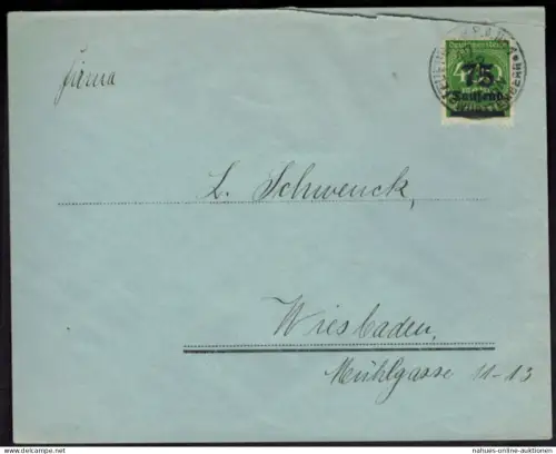 Deutsches Reich Infla EF 288 75 auf 400 M Firmenbrief Feuerbach Wiesbaden gepr.