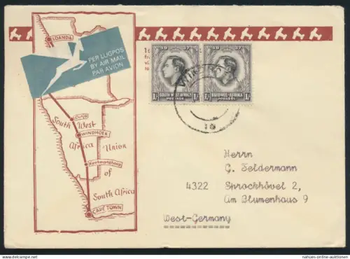 Südafrika 197 im Paar attraktiver Flugpostbrief Landkarte Windhoek Sprockhövel