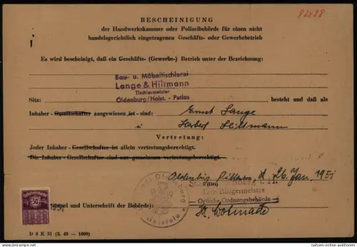 Bund Oldenburg Holstein Bescheinigung Bürgermeister mit Gebührenmarke 26.1.1951