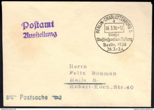 Reich Brief Postsache SST Berlin Charlottenburg Wassersportausstellung 1938