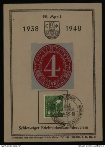 All. Besetzung Gemeinschaft Gedenkblatt Schleswig 10 J.Briefmarkensammlerverein