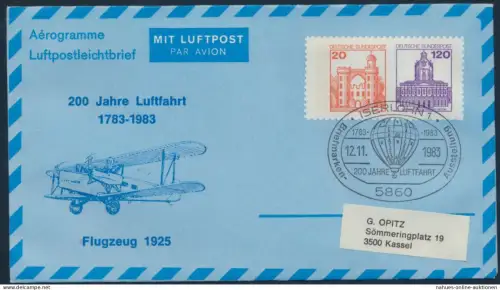 Bund Privatganzsache Flugpost 20 n. 120 Burgen SSST Iserlohn 200 Jahre Luftfahrt