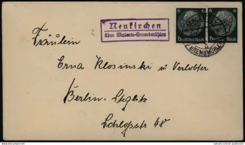 Deutsches Reich Brief MEF Hindenburg Landpoststempel Malente-Gremsmühlen 1939
