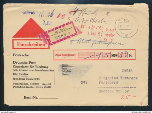 Berlin Brief Nachnahme Einschreiben als Postsache nach Perleberg 18.01.1968