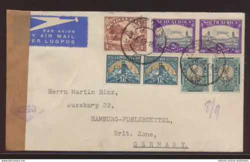 Afrika Zensur Brief Pretorua nach Hamburg Fuhlsbüttel Briitsche Zone 3.9.1949