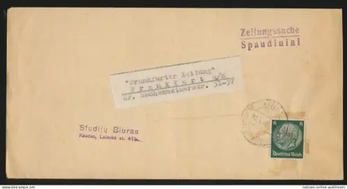 Deutsche Dienstpost Ostland EF Hindenburg Kauen Zeitungsstreifband n. Frankfurt