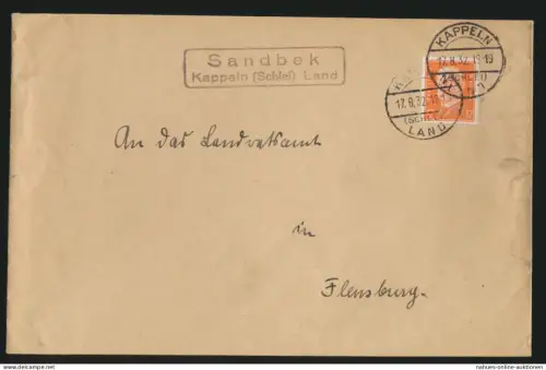D. Reich Brief EF Landpoststempel Sandbek Kappeln Schlei Land nach Flensburg