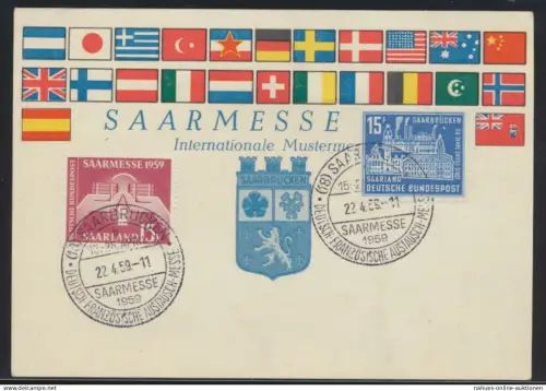 Saarland Brief 446-447 schöne Anlasskarte Deutsch Frankreich Austauschmesse 1959