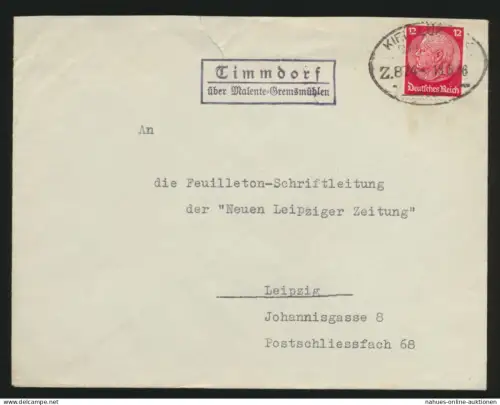 Landpoststempel Timmdorf über Malente Gremsmühlen Bahnpost Kiel Lübeck Deutsches