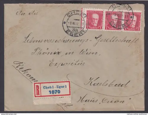 Tschechoslowakei R Brief MEF 1 k. Chebl - Eger nach Karlsbad Haus Orion