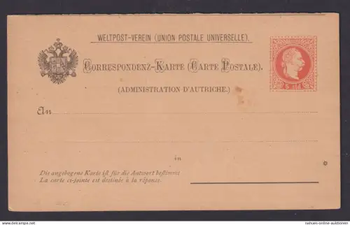 Österreich Levante Ganzsache 5 Sld. Kaiser Franz Joseph Frage & Antwort Kat 25,-