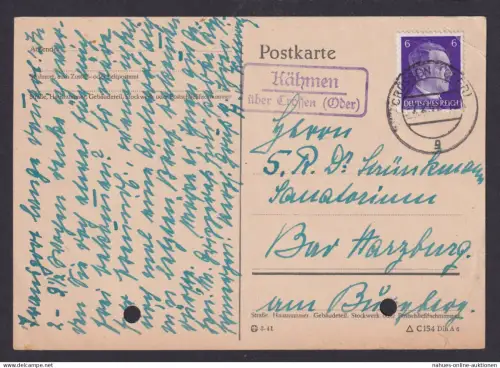 Kähmen über Crossen Oder Brandenburg Deutsches Reich Postkarte Landpoststempel