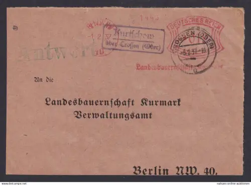 Kurtschow über Crossen Oder Brandenburg Deutsches Reich Brief Landpoststempel