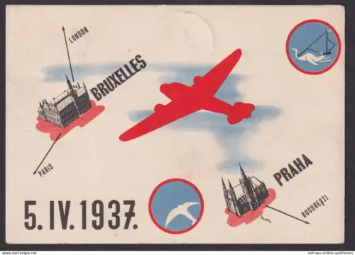 Flugpost Tschechoslowakei gute Flugkarte SABENA Peag Brüssel Belgien 5.4.1937