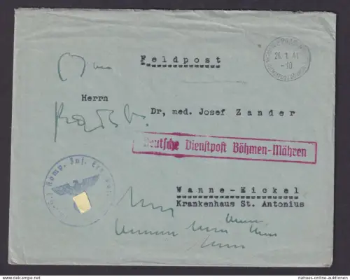 Böhmen Mähren Besetzung II.Weltkrieg Dienstpost Brief Prag Wanne Eickel Feldpost