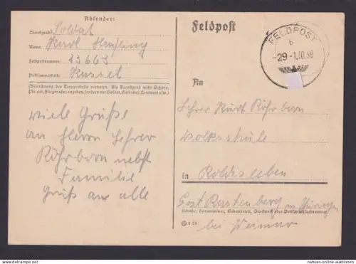 Besetzung Polen Generalgouvernement Feldpost 29 Postkarte ..bei Weimar 1.10.1939