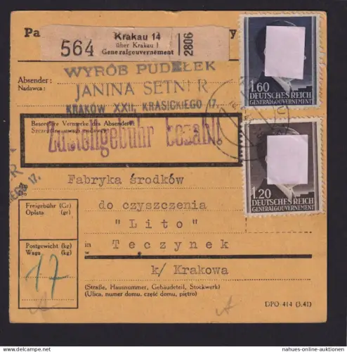Besetzung Polen Generalgouvernement Paketkarte Krakow Krakau Teczynek