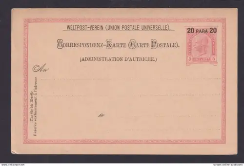 Österreich Levante Ganzsache Aufdruck 20 Para auf 5 Kr. Kaiser